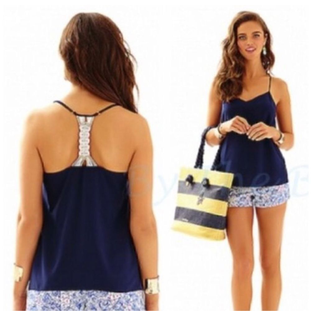 Lilly Pulitzer Navy Silk Macrame Crochet Back Dusk Top Racerback Women’s Size XS